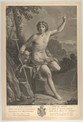 Św. Jan Chrzciciel na pustyni, siedzący na skale i skierowany w górę lewą k..., 1770