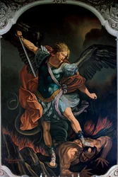 Archanioł święty Michał pokonujący smoka. Obraz V. M. De Girolamo (XX wiek) według Guida Reniego. 1957