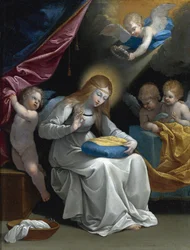 Dziewicze szycie, w towarzystwie czterech aniołów (La Couseuse) par Reni, Guido (1575-1642). Olej na miedzi, format : 28,5x21,5, , Kolekcja prywatna