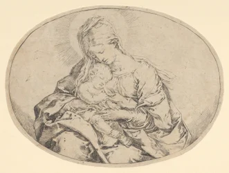 Matka Boska trzymająca Dzieciątko Chrystus, kompozycja owalna, ok. 1900 r. 1600-1640.