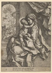 Siedząca Dziewica z Dzieciątkiem Jezus na kolanach, które ją obejmuje, Józef widział..., ok. godz. 1600-1613.