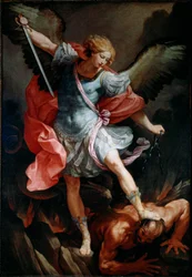 Archanioł Święty Michał miażdży głowę demona Jedwabny obraz Guido Reni zwanego Przewodnikiem