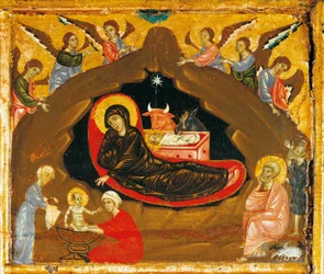 Szopka, fragment z Antependium św. Piotra intronizowanego przez Guido da Siena (ok. 1250 -1300), tempera i złoto na drewnie