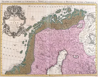Mapa krajów nordyckich, królestw Danii, Szwecji i Norwegii (akwaforta