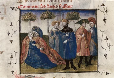 Waleczna scena dworzan, miniatura w „Roman de la Rose” Guillaume Lorris