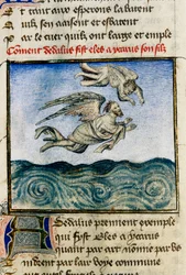 „„ Dedale i Icarus ”” (Icarus i Dedal) Aby uciec na Minos, Dedale popycha swojego syna Ikara, aby odleciał dzięki swoim woskowym skrzydłom. Miniatura Guillaume Lorris z rękopisu „Rzymka róży”