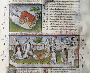 Jak Wenus przybywa i szturmuje zamek zbudowany z zazdrości, Miniatura Guillaume Lorris z rękopisu Le Romanesque de la Rose,