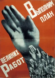 Plakat sowiecki konstruktywistyczny z 1930 r. Gustava Klutsisa „Zrealizujemy plan wielkich przedsięwzięć”