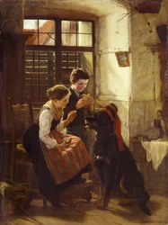 Cierpliwy zwierzak. Dwoje dzieci zakłada kapelusz swojemu psu (zwierzęciu domowemu) i podaje mu chleb do zjedzenia. Obraz autorstwa Gustava Iglera (1842-1908)