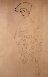 "Mit leichter wendung nach links" (Legerement tourne vers la gauche). Dessin autorstwa Gustave Klimt (1862-1918). Crayons de couleurs. Collection privee