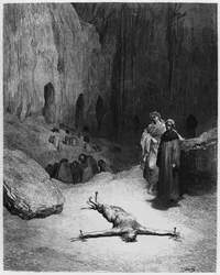 Ukrzyżowany człowiek, ilustracja z „Boskiej komedii” (Piekło) Dante Alighieri (1265-1321) Paryż, publikacja 1885 (rycina) (zdjęcie czarno-białe)