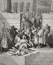 Rzeź synów Sedekiasza przed ich ojcem, II Król. 25:7, ilustracja z "Świętej Biblii" Dore
