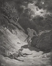 Śmierć Abla, Księga Rodzaju 4:6-13, ilustracja z "Świętej Biblii" Dore