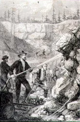 Poszukiwanie złota w Kalifornii w latach 60. XIX wieku, rytowane przez Felixa Jeana Gaucharda (1825-72) (grafika)