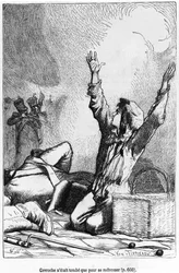 Gavroche upadł, by ponownie się podnieść, ilustracja z „Nędzników” Victora Hugo (1802-85) rytowana przez Julesa Leona Perrichona (1836-97)