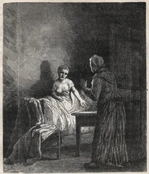Marguerite wchodzi do pokoju Fantine, a Fantine pokazuje mu dwóch Napoleonów (moneta), którzy mogą uratować Cosette, jego córkę - Ilustracja Gustave