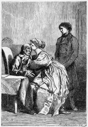 Marius i Cosette odwiedzają chorego Jana Valjeana - w „Les Miserables” Victora Hugo, chorego. przez Briona, wyd. Hetzel i Lacroix