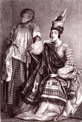 Signare, mulatko-francuskie afrykańskie kobiety w mieście Saint Louis w Senegalu. 1861 (grawerowanie)