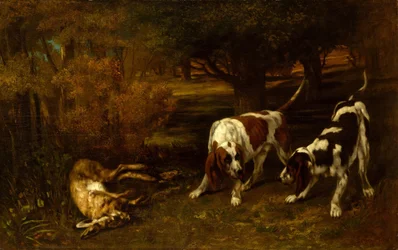 Psy myśliwskie z martwym zającem, 1857