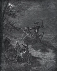 Dyskurs nocny - z „Don Kichota z Manchy” Miguela Cervantesa (1547-1616) (Don Kichota) - Drzeworyt wg rysunku Gustave