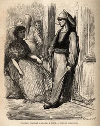 Handlarz czekoladą na świeżym powietrzu, szkic na żywo zrobione w Madrycie. Grawer Gustave Dore (1832-1883) ilustrujący jego podróż do Hiszpanii z Ch. Davillier (redaktor), w 1862, opublikowany w „” Le tour du monde””” 1869, pod redakcją Edouarda Chartona,