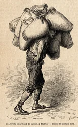Handlarz słojami, szkic na żywo zrobionym w Madrycie. Grawer Gustave Dore (1832-1883) ilustrujący jego podróż do Hiszpanii z Ch. Davillier (redaktor), w 1862 r., opublikowany w „Le tour du monde”” 1869, red. Edouard Charton, wyd. Hachette, Paryż.