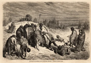 Grupa żebraków i niedołężnych, prawdziwy sąd cudów, zmierza do pilnej prośby o migdały w okolicach Almuradiel (prowincja Mancha). Rysunek Gustave Dore (1832-1883). Grawerowanie ilustrujące podróż w Hiszpanii, w 1862 przez Charles