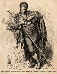 Młody żebrak, a la vente de Cardenas, zajazd przy drodze Almaden (prowincja Kanału). Szkic wykonany na żywo przez Gustave Dore (1832-1883). Rycina ilustrująca podróż po Hiszpanii w 1862 r. autorstwa Charlesa Davilliera i Gustave
