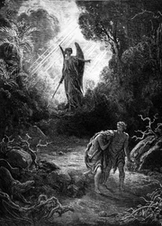 Adam i Ewa polują w raju. Grafika wykonana przez Gustave Dore. Mame Edition 1891.