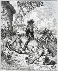 Po szturmie daje wiatraki - „” Misericorde! „” Sancho - z „” Don Kichot de la Mancha”” Miguela Cervantesa (1547-1616) (Don Kichot) - Drzeworyt wg rysunku Gustave
