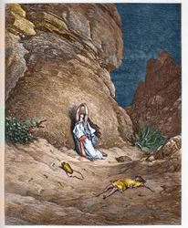 Hagar i jej syn Izmael na pustyni po wypędzeniu przez Abrahama - Hagar i syn Izmael na pustyni po wypędzeniu przez Abrahama - rycina w „Biblii ilustrowanej” Gustave