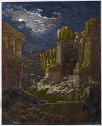 Ruiny Babilonu - Upadek Babilonu - Babilon w ruinie (wizja św. Jana) - Grawerowanie w „The Bible illustree” Gustave