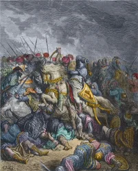 Bitwa pod Arsuf - Ryszard Lwie Serce (1157-1199), król Anglii, uczestniczy w trzeciej krucjacie - Ryszard Lwie Serce w bitwie pod Arsuf (1191), trzecia krucjata, rycina Gustave
