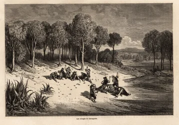 Bitwa pod pomarańczami Carcagente, rysunek Gustave Dore (1832-1883), ilustrujący jego podróż do Hiszpanii z C.Davillierem w 1862 r. Grawer w „”Le tour du monde””, pod redakcją Edouarda Chartona