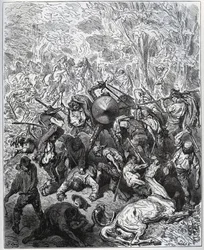 Bitwa z mułami - Yangois używali swoich maczug - z „Don Kichota z Manchy” Miguela Cervantesa (1547-1616) (Don Kichota) - Drzeworyt wg rysunku Gustave