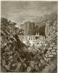 Biblia: Upadek murów Jerycha. Rycina autorstwa Gustave