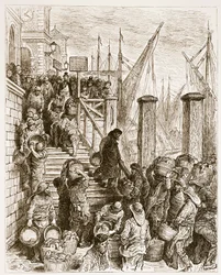 Billingsgate, Lądowanie ryby, z „Londyn, pielgrzymka”, napisane przez Williama Blancharda Jerrolda (1826-94) i grawerowane przez Hildibranda, wyd. 1872
