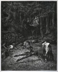 Biwak w lesie - Przekonani pięknem tego miejsca postanowili spędzić tam godziny drzemki - z „Don Kichota z Manchy” Miguela Cervantesa (1547-1616) (Don Kichota) - Drzeworyt wg rysunku autorstwa Gustave Dore