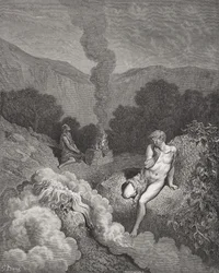 Kain i Abel składają swoje ofiary, ilustracja z „Biblii Świętej” Dorégo, rytowana przez Pannemakera, 1866