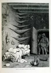 Croque-Mitaine; ilustracja z 1863 r., Gustave Dore (1832 – 1883); Francuski artysta, grafik, ilustrator. Croque-Mitaine (straszak) to złośliwa postać prezentowana dzieciom, aby je przestraszyć, a tym samym uczynić je mądrzejszymi.
