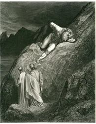Dante i Wergiliusz spotykają Minotaura. Rycina z Piekła Dantego Alighieri (Boska komedia) ilustrowana przez Gustave