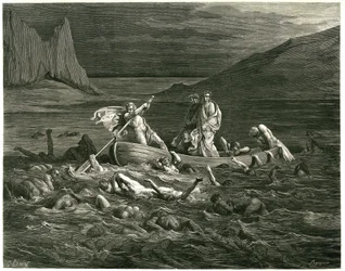 Dante i Wergiliusz płyną, prowadzeni przez Nochera Phlegyasa, po Styksie, w którym brodzą potępieńcy, którzy próbują wspiąć się do łodzi. Rycina z Piekła Dantego Alighieri (Boska komedia) zilustrowana przez Gustave
