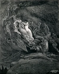Dante i Wergiliusz z Paolem i Francescą, ilustracja do Piekła, pieśń V Boskiej komedii Dantego Alighieri (1265-1321), autorstwa Gustave
