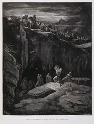Dawid ofiarowuje swój miecz w geście lojalności wobec Saula, króla Izraela, ilustracja z Biblii Dore
