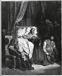 Śmierć Don Kichota [Otoczony przez swoją siostrzenicę, gospodynię Sancho Pansę, parafię, fryzjera i kawalera Samsona Carrasco - z „Don Kichota de la Mancha” Miguela Cervantesa (1547-1616) (Don Kichota) - Drzeworyt według rysunku Gustave Dore