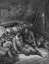 Dyskusja między dwoma towarzyszami ducha Ducha Bieguna Południowego o tym, czy marynarz wystarczająco odpokutował za zabicie albatrosa, scena z „The Rime of the Ancient Mariner” S. T. Coleridge