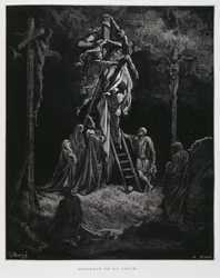 Zstąpienie z krzyża, złożenie Chrystusa, ilustracja z Biblii Dore