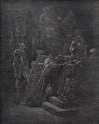Don Kichot, Montesinos i Durandarte, w jaskini Montesinosa - z „Don Kichota z Manchy” Miguela Cervantesa (1547-1616) (Don Kichota) - Drzeworyt wg rysunku Gustave