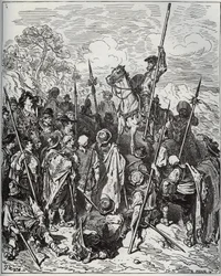 Don Quijote i Sancho z eskadrą ryczących wieśniaków – z „Don Kichota de la Mancha” Miguela Cervantesa (1547-1616) (Don Kichota) – Drzeworyt wg rysunku Gustave