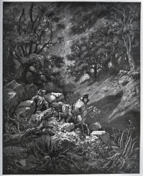 Don Kichot i Sancho Pansa kontynuują swoją podróż w Sierra Morena w poszukiwaniu Deguenille-de-la-Malaise-Mine – z „Don Kichota de la Mancha” Miguela Cervantesa (1547-1616) (Don Kichot) – Drzeworyt wg rysunku Gustave Dore